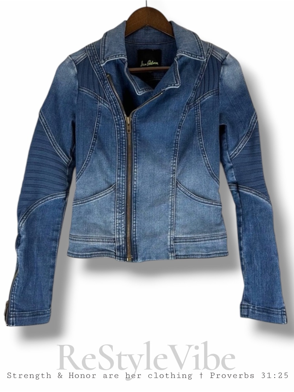 SAM EDELMAN Women’s Size S Denim Jean Jacket Sweater Inserts Moto Biker Style